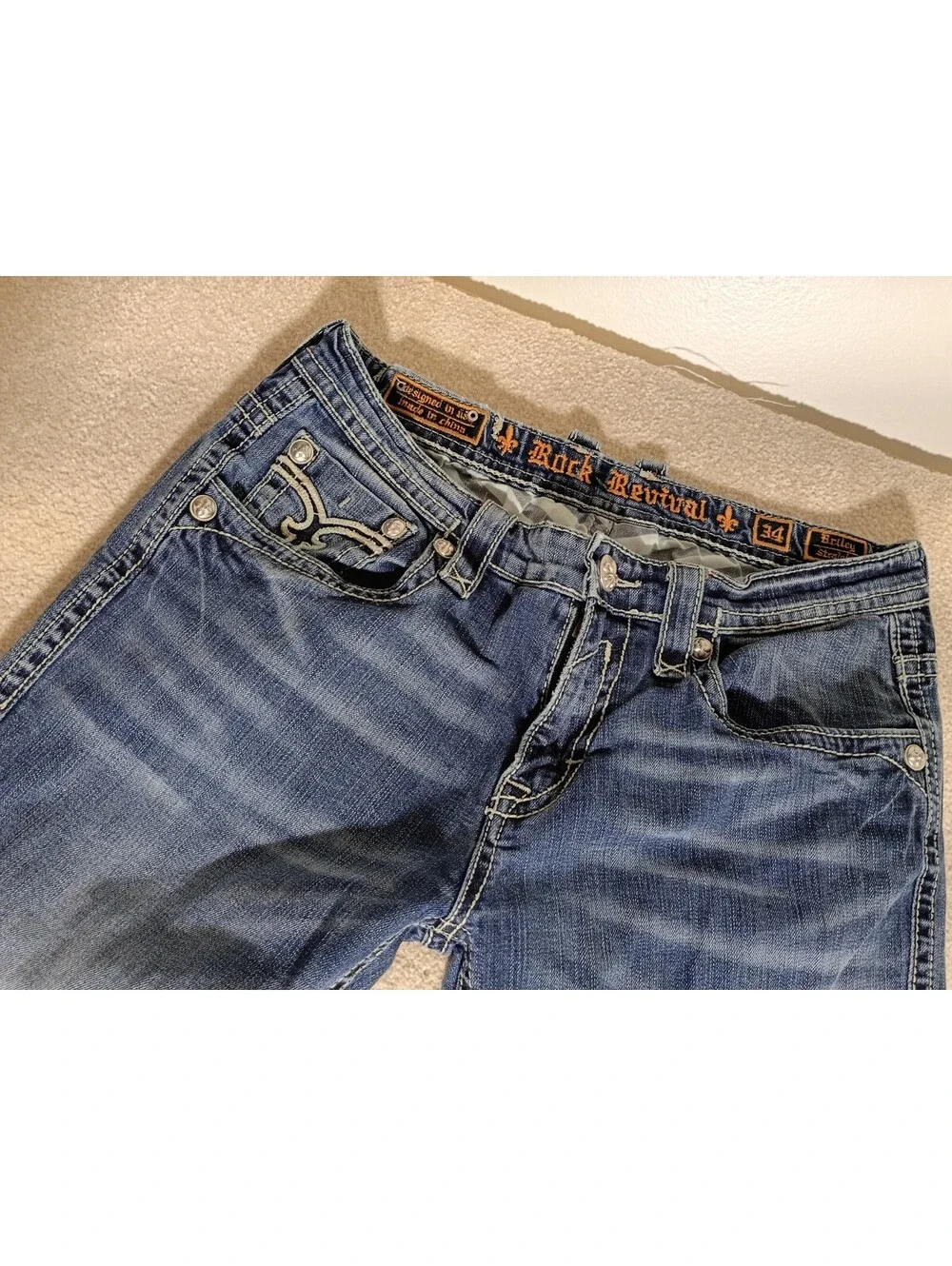Rock Revival Jeans Men 34x31 Briley Straight Fit Embroidered Denim Pants Flap